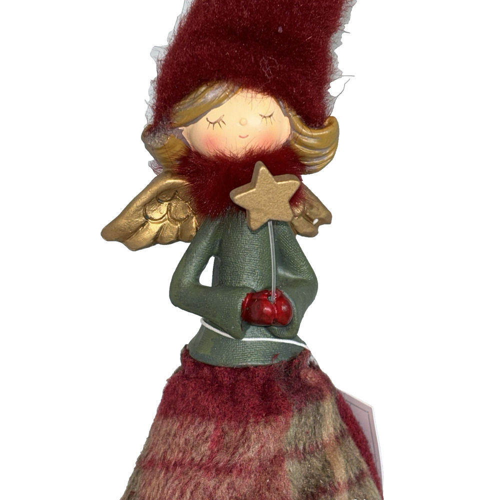 Bella Lux Angel Figure Doll Christmas Holiday Red Faux Fur Plaid Dress Star 14"